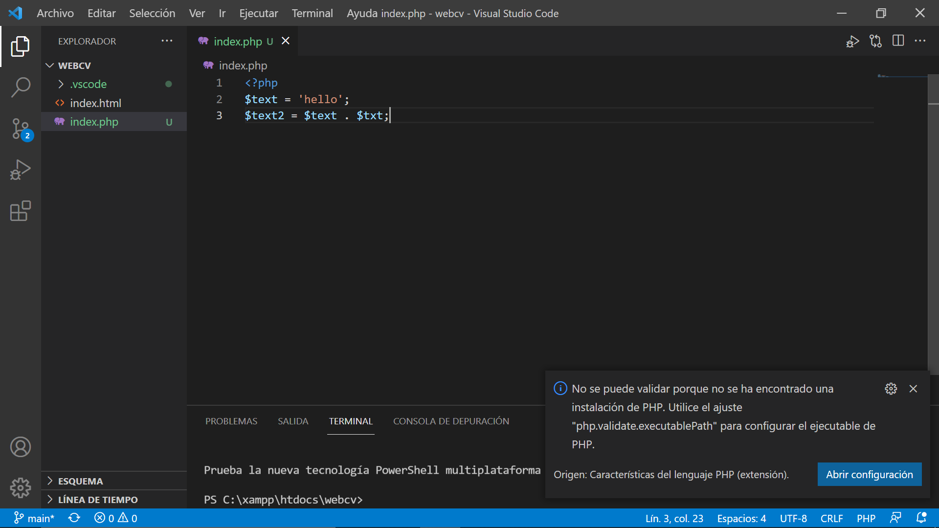 Error executablePath en VSC