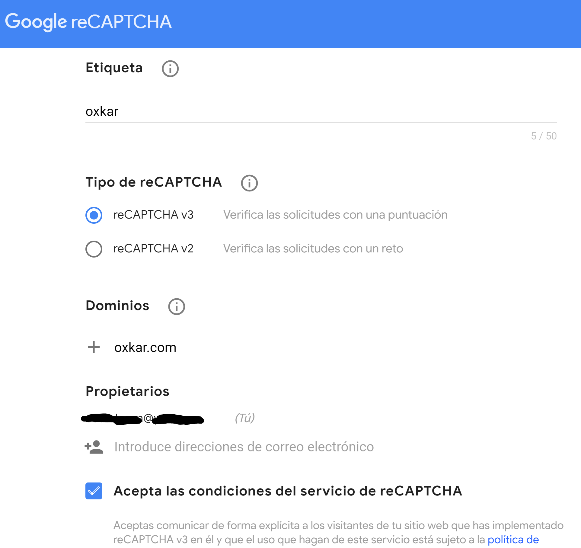 Creación de un reCaptcha V3 en la web de google